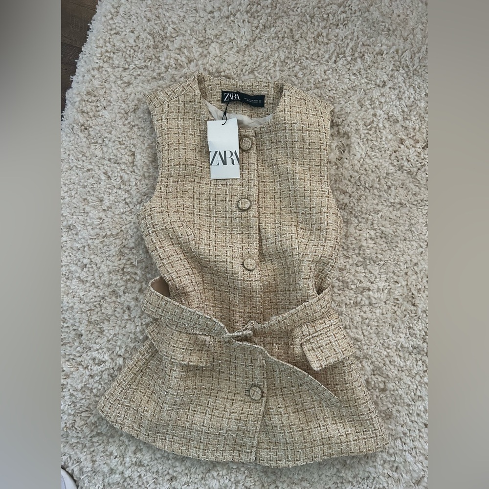 Zara Cream Tweed Vest with Gold Accents